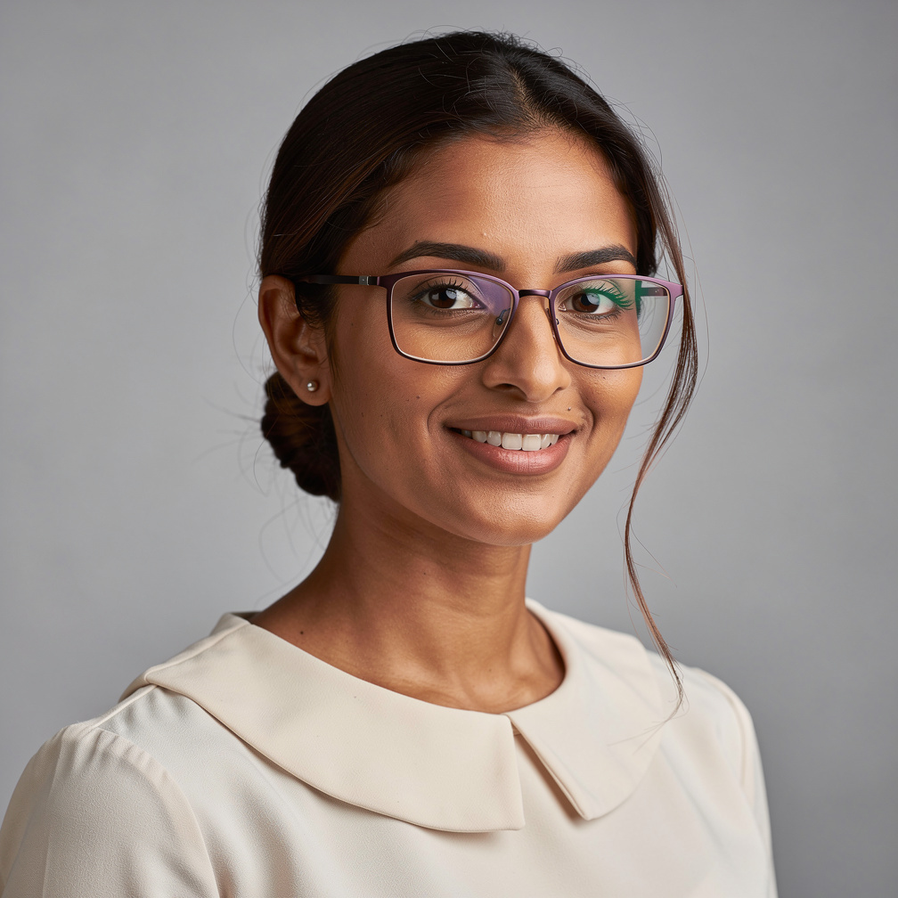 Studio portrait of a North African woman facilitator with glasses