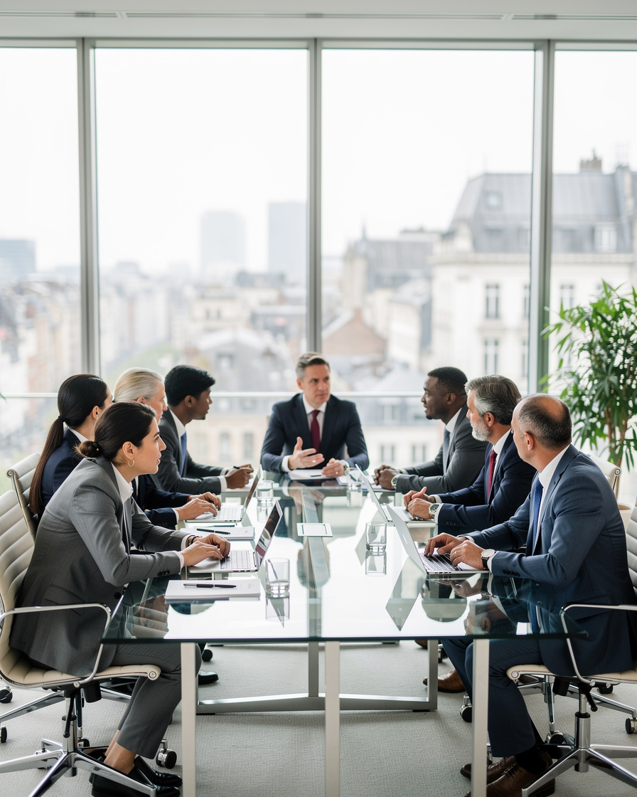Corporate leadership team meeting in a bright Brussels office