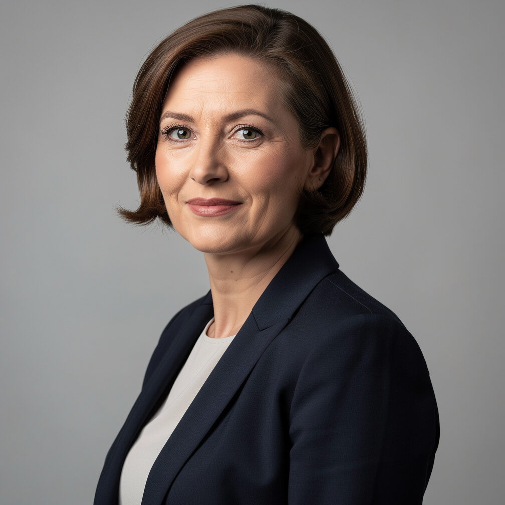 Studio portrait of a Belgian woman facilitator with short brown hair