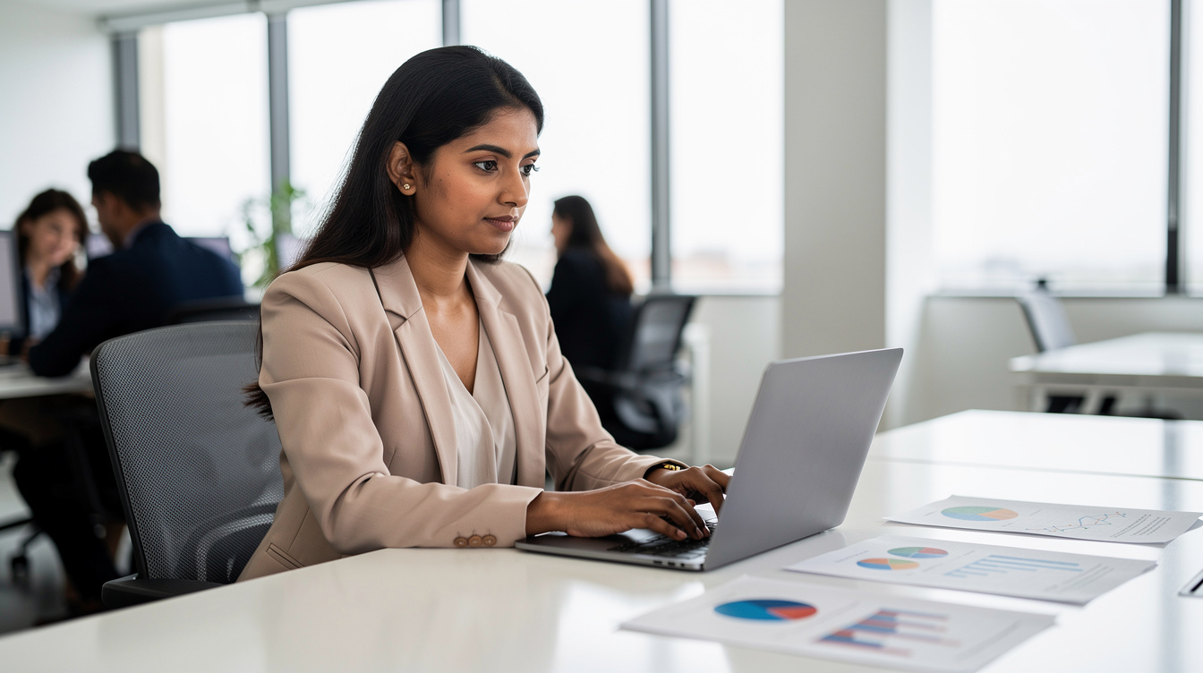 Person analyzing leadership session feedback on a laptop
